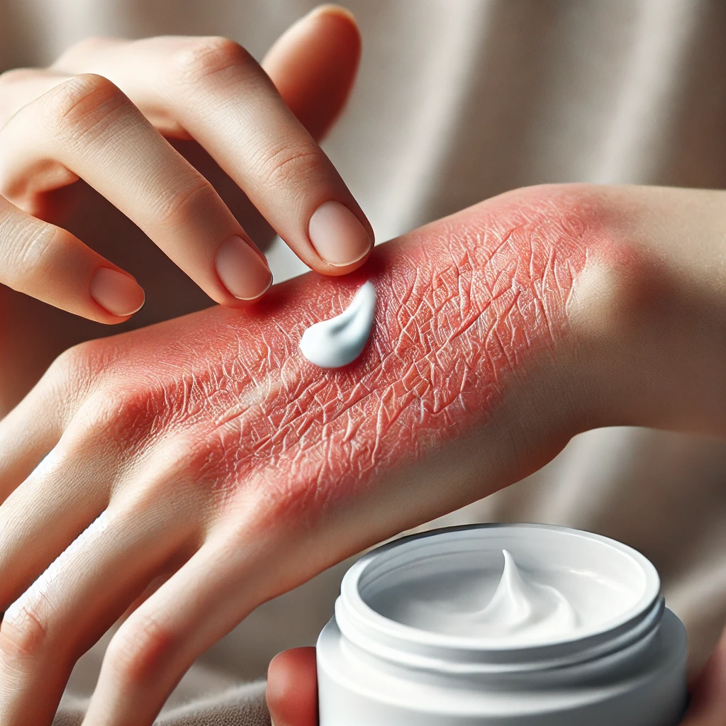 Applying moisturizer to soothe eczema-prone skin.