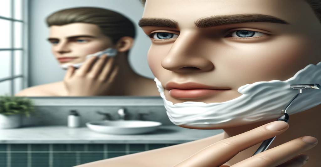 Person applying soothing shaving cream in front of a mirror, demonstrating skincare for razor bump prevention.