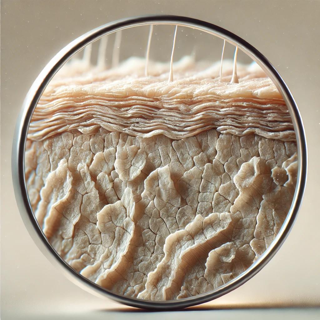 Magnified view of dead skin cells being removed with a gentle exfoliating scrub.