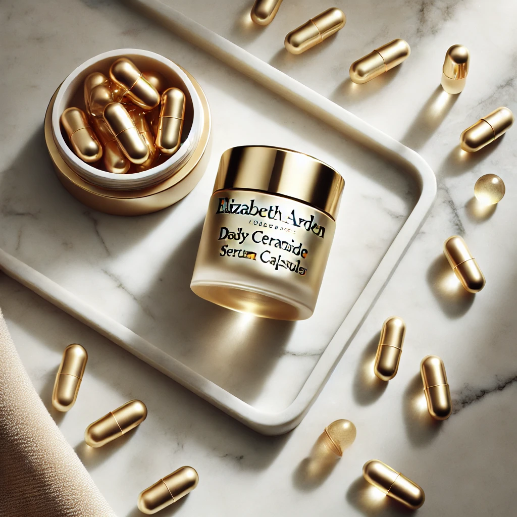 Flat lay of Elizabeth Arden Daily Ceramide Serum Capsules on a marble background, showcasing golden capsules in a minimalist style.