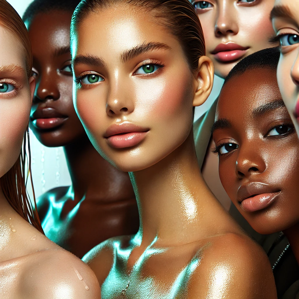 Diverse group with radiant, glowing skin, showcasing hydration and healthy complexions against a fresh, dewy background.