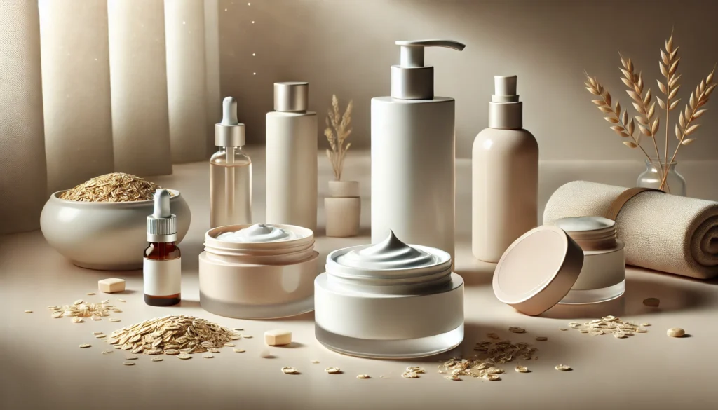 A collection of skincare products including creams, serums, and moisturizers for repairing the skin's moisture barrier, placed on a minimalist surface with natural ingredients like oats and shea butter.