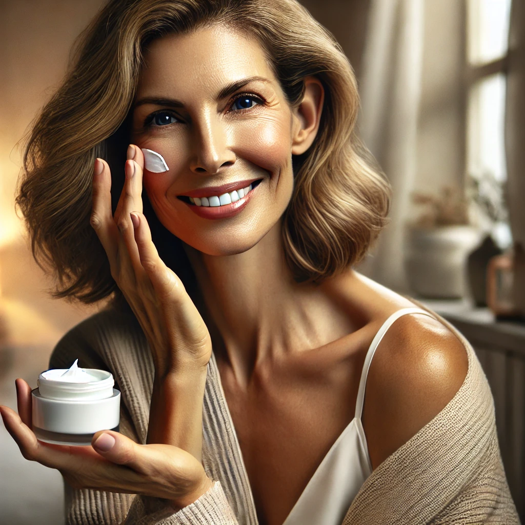Confident woman in her 50s smiling and applying skincare cream.