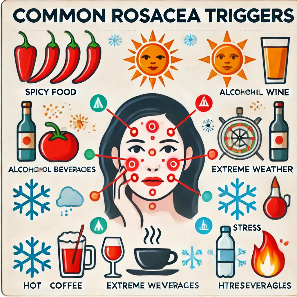 Illustration of common rosacea triggers, including spicy food, alcohol, and extreme weather.