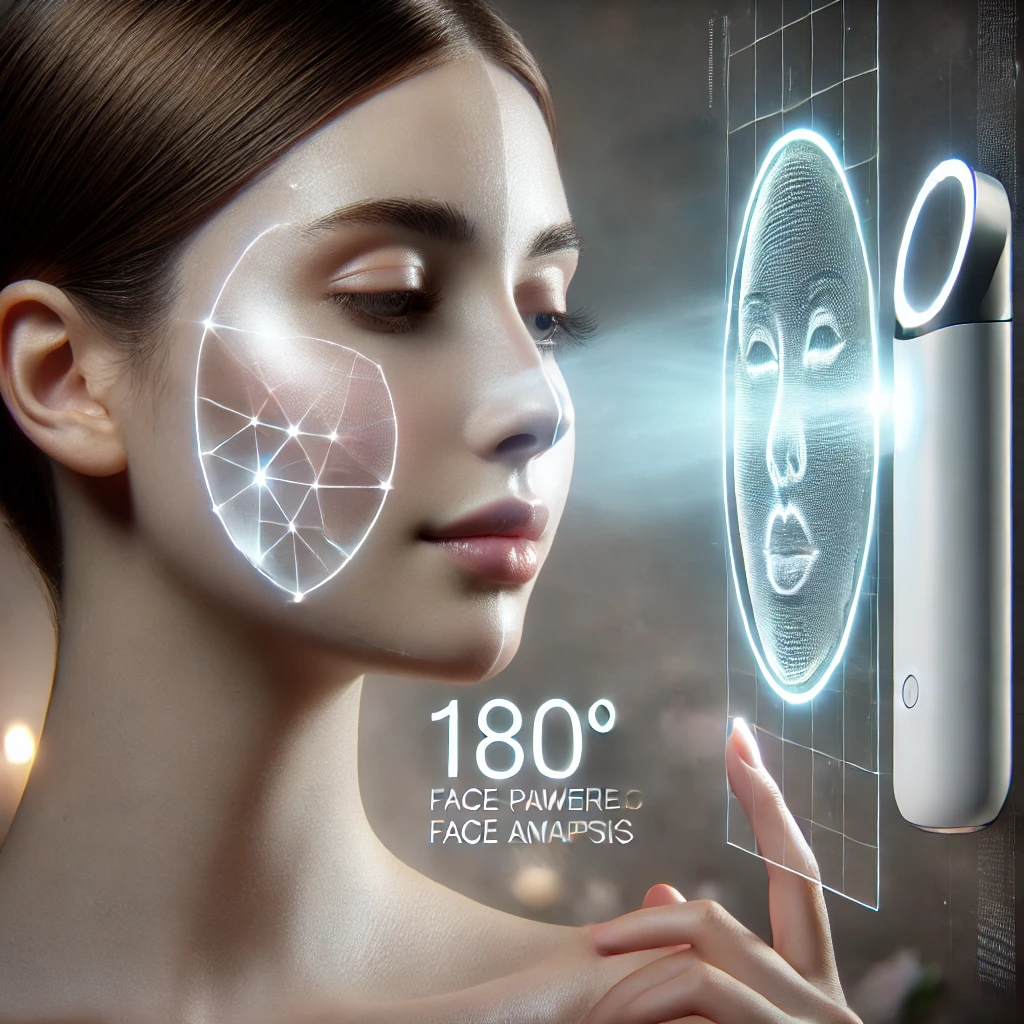 AI-powered skincare tool scanning a person's face with glowing 180° face mapping technology, showcasing a futuristic and high-tech design.