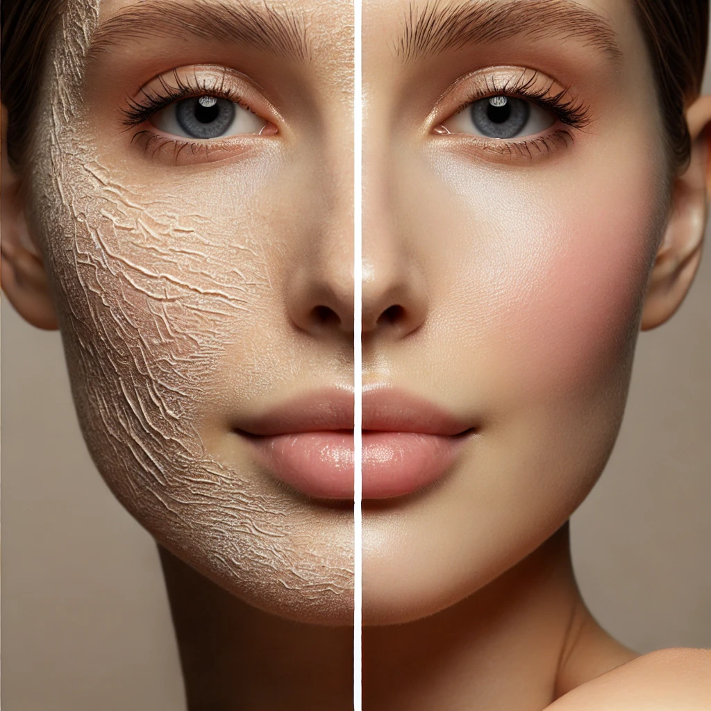 Subtle comparison image showcasing dry skin with a slightly flaky texture and dehydrated skin with a dull appearance and faint fine lines, emphasizing skin hydration tips.