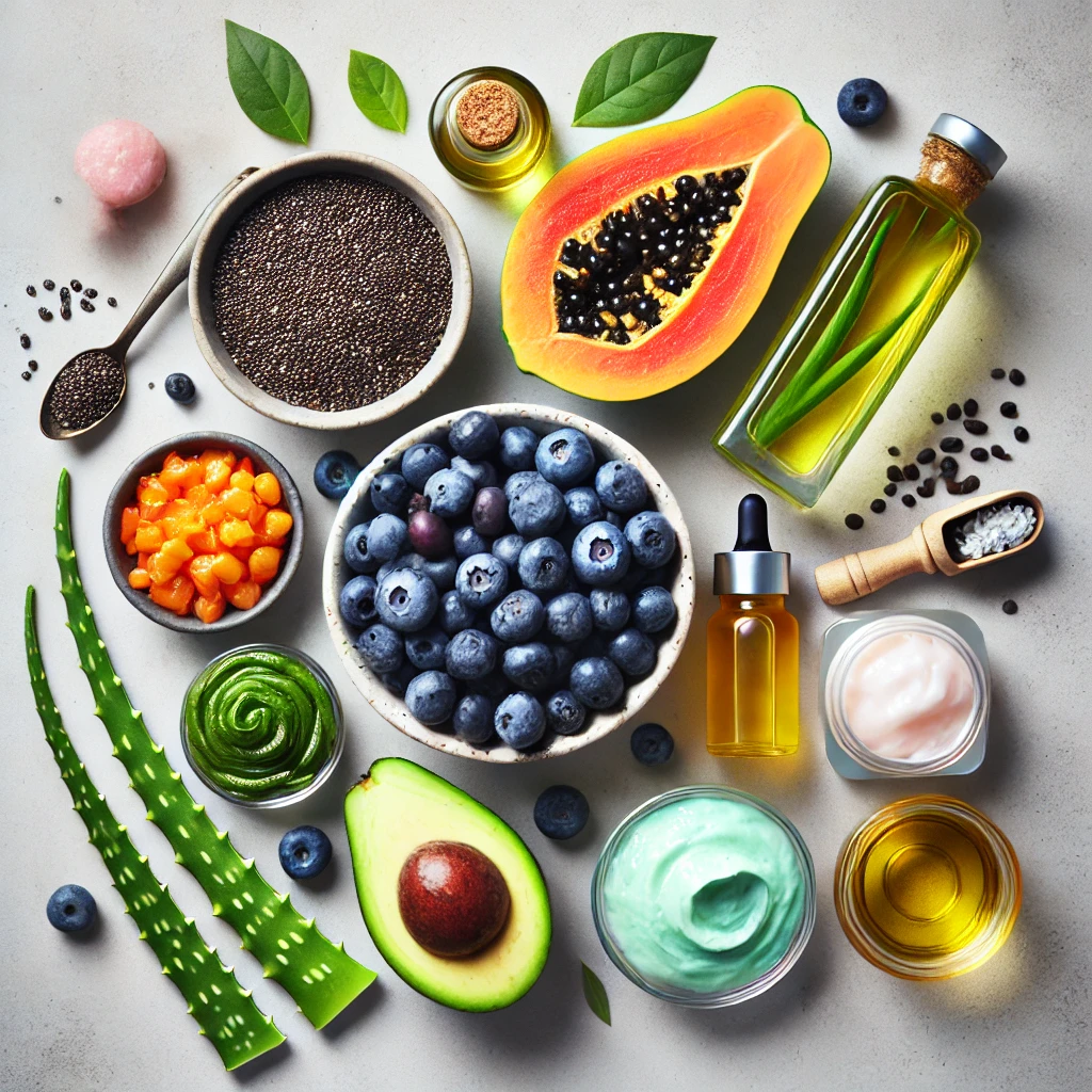 A colorful flat-lay featuring superfoods like avocados, blueberries, papaya, and chia seeds, alongside skincare items such as aloe vera gel and coconut oil, promoting natural skin