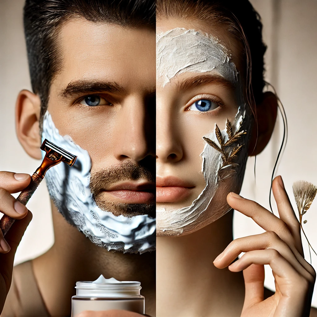 Man shaving and woman applying a face mask to represent skincare routines.