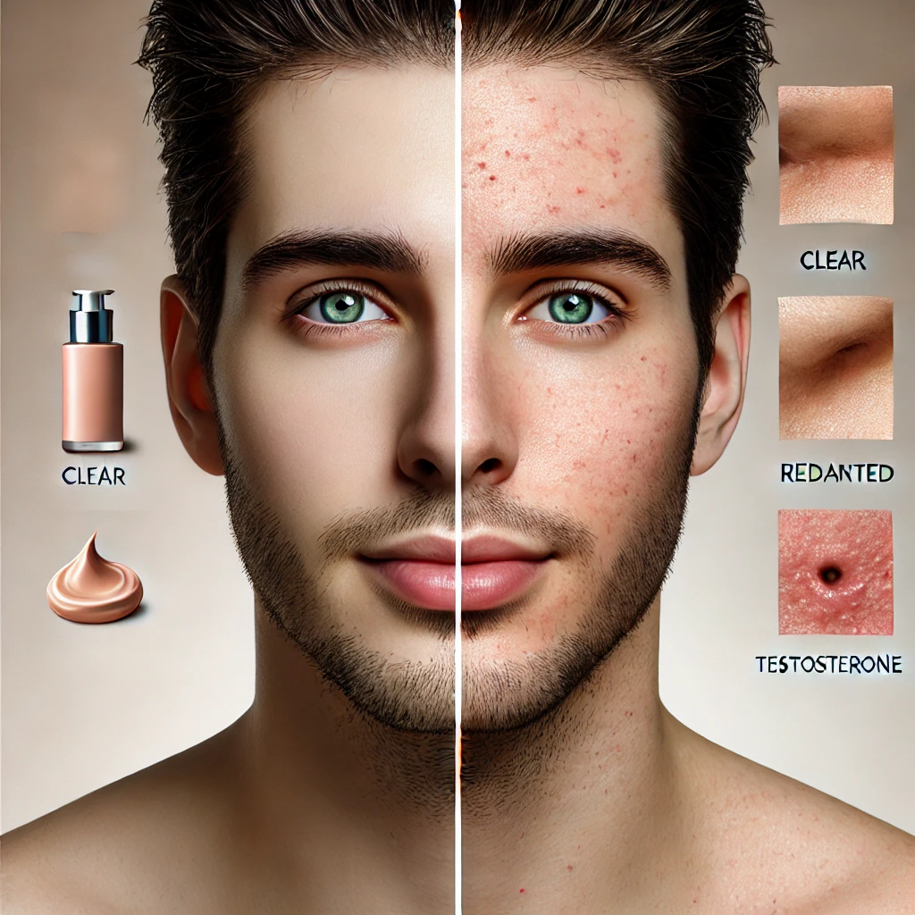 Split-screen image of a man's face showing the effects of testosterone on skin, with clear, radiant skin on the left and acne-prone, oily skin on the right.