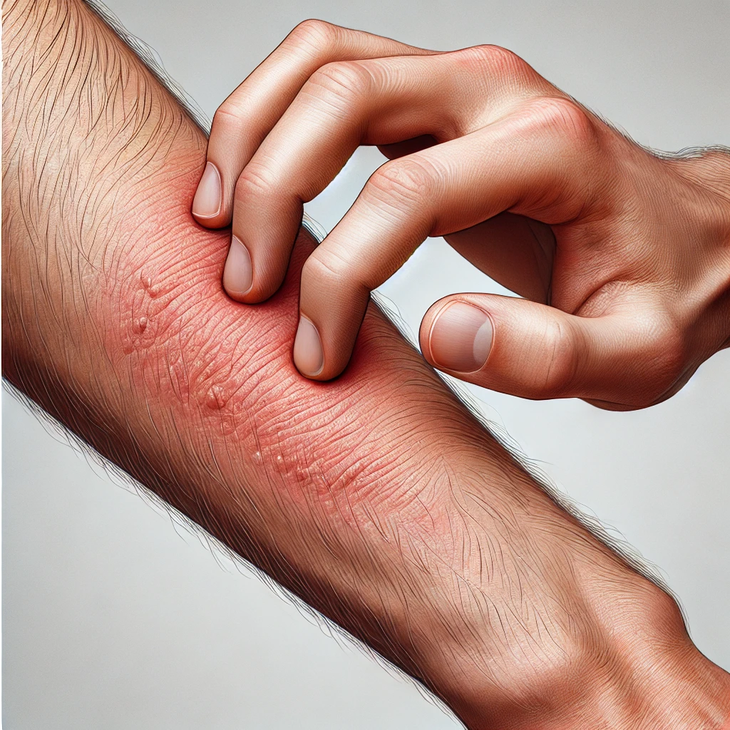 A person scratching a rash on their forearm, with visible redness and irritation on the skin.