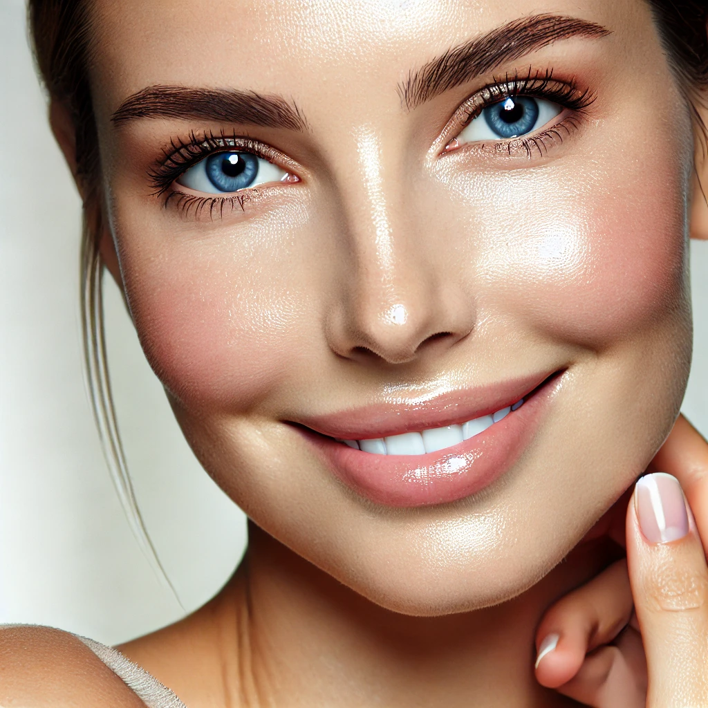 Close-up of a woman's face showing smooth, radiant skin after a chemical peel treatment.