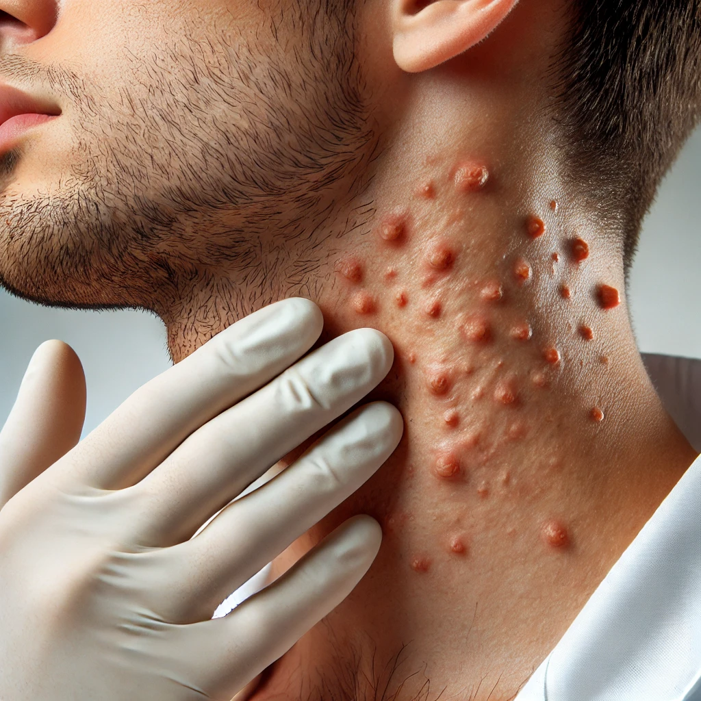 Close-up of a neck with Acne Keloidalis Nuchae being examined by a dermatologist.