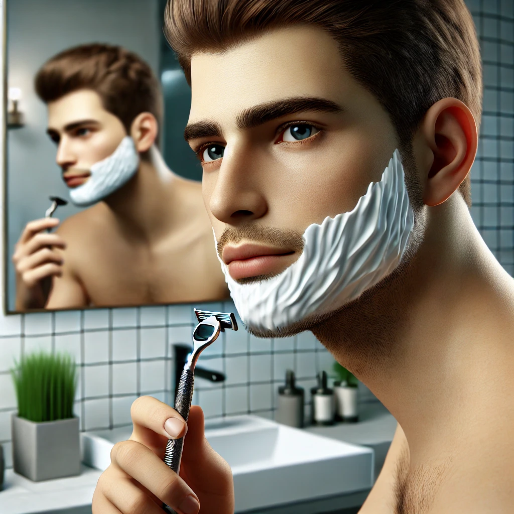 A young man shaving his face in a modern bathroom with a razor in front of a mirror.