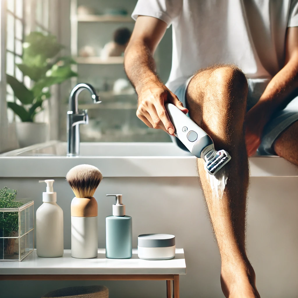 Person using an electric shaver on their leg in a bright and minimalistic bathroom, showcasing a gentle hair removal method.