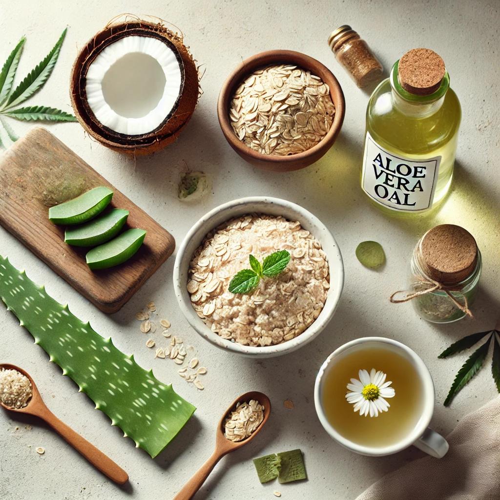 A flat lay of natural remedies like aloe vera, coconut oil, and oatmeal to soothe irritated skin.