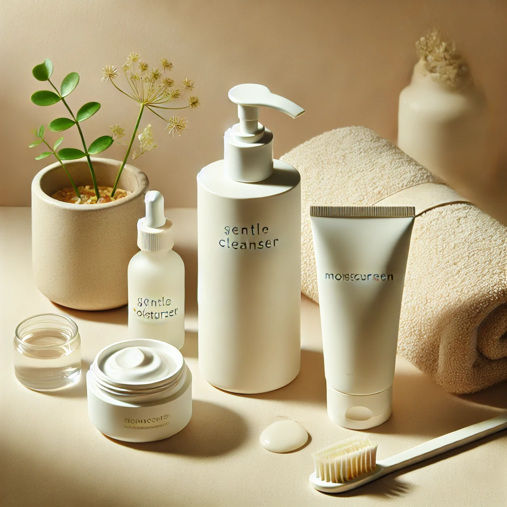 A flat lay of gentle skincare products, including a cleanser, moisturizer, and sunscreen, ideal for beginners.