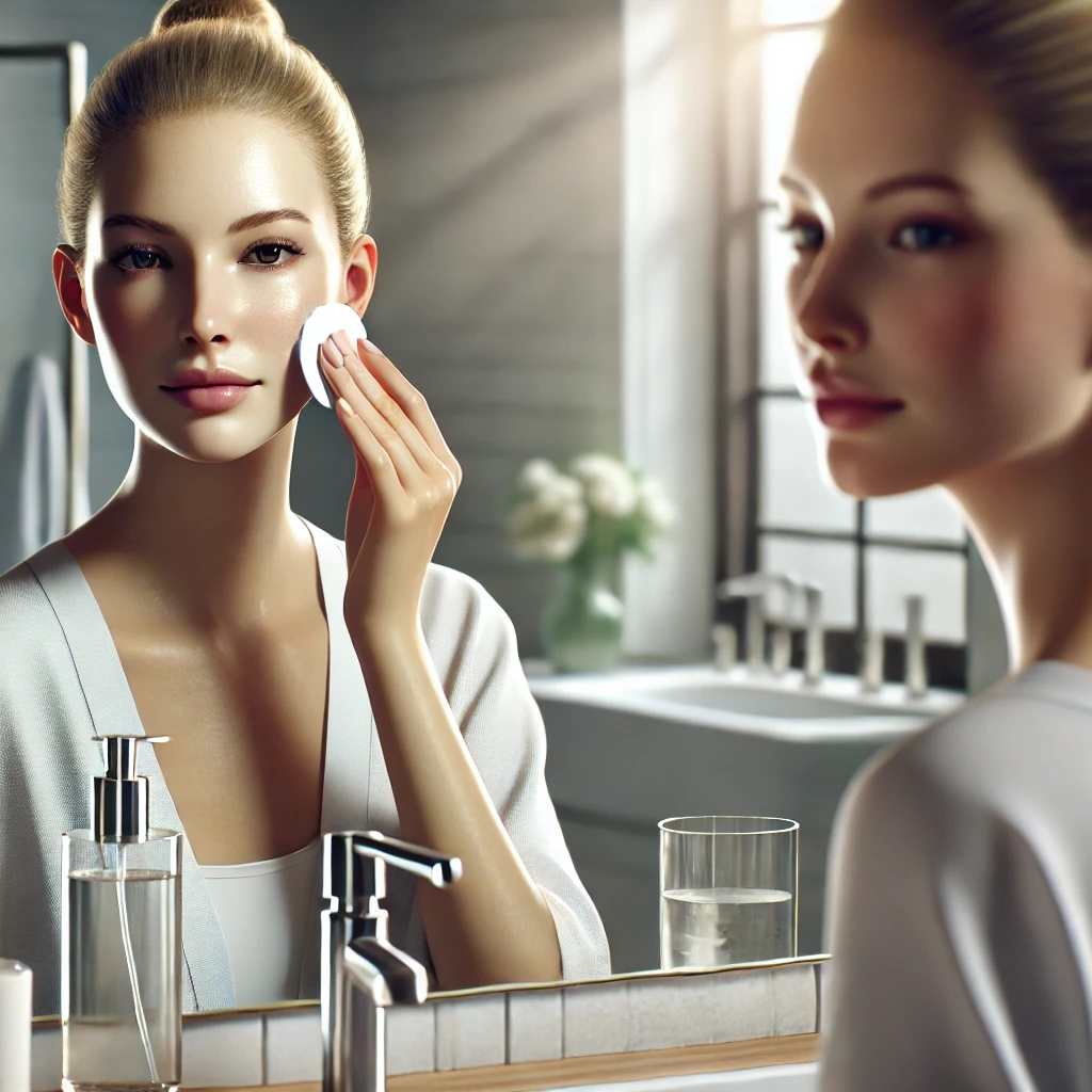 A woman using a cotton pad to apply toner on her face in a well-lit bathroom.