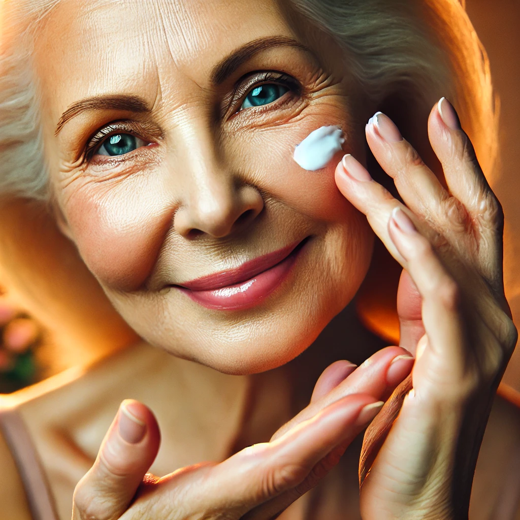 Elderly woman applying moisturizer to her face, promoting healthy aging skincare.