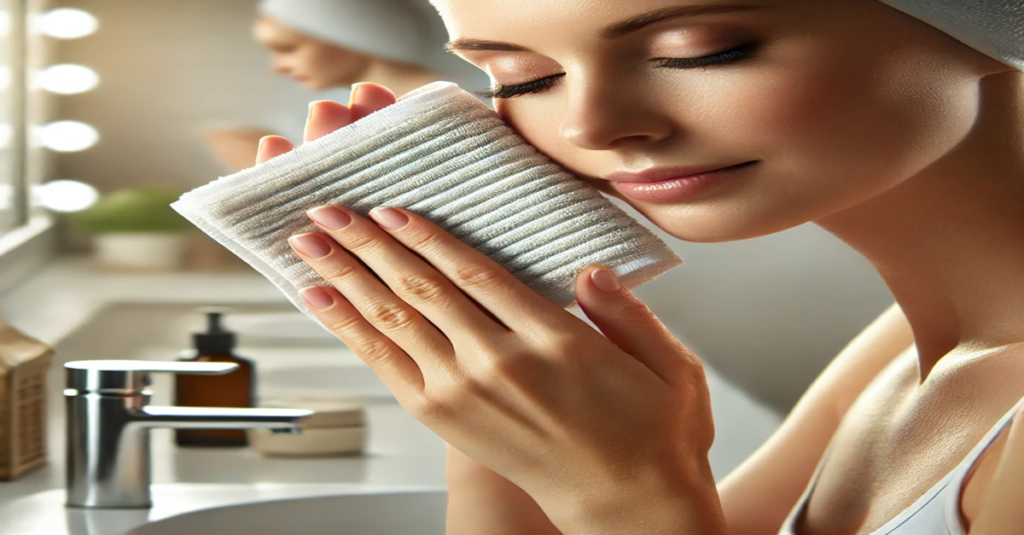 A person washing their face with a soft microfiber washcloth in a clean and well-lit bathroom.
