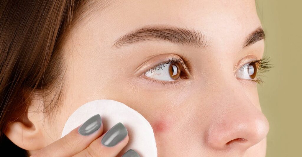 Young woman using a cotton pad on her face for skincare treatment, focusing on clarity.