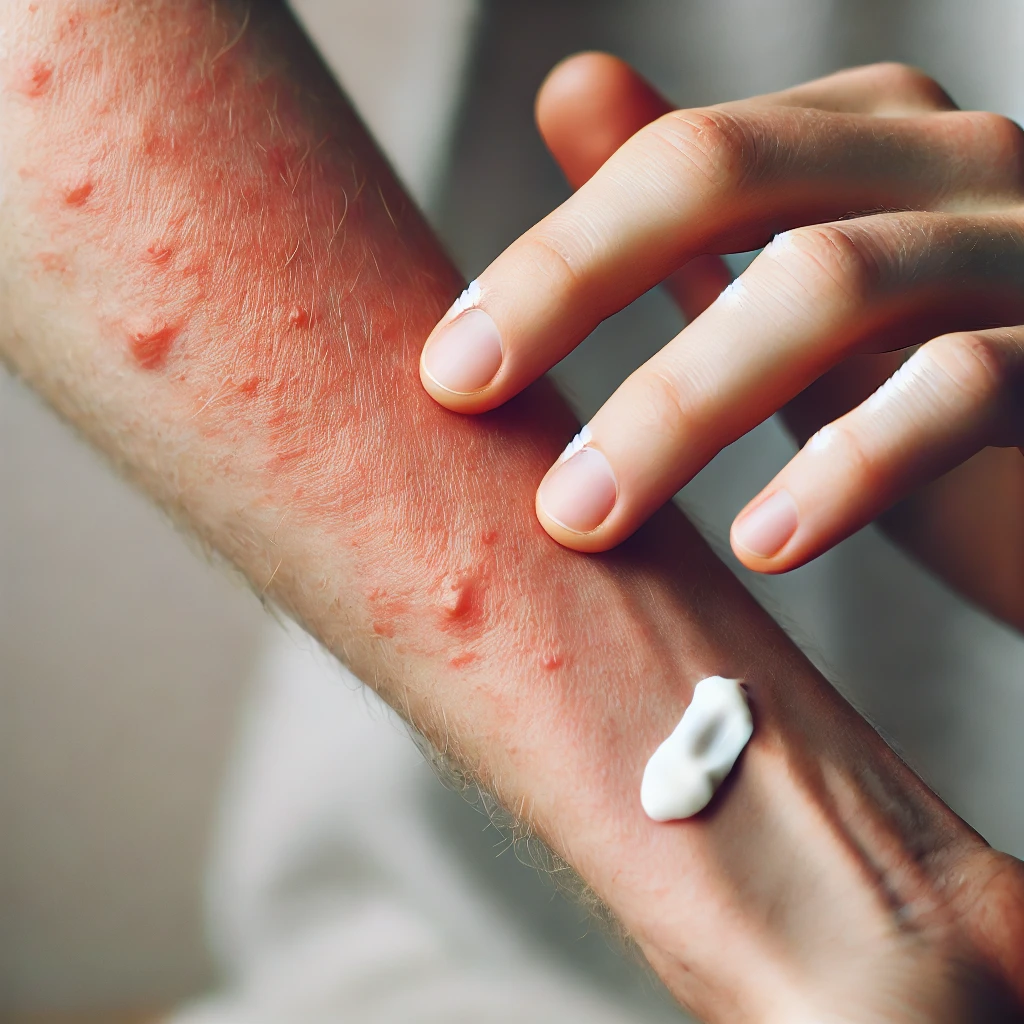 A close-up of a person’s arm with mild hives, showing subtle redness and slight irritation. A gentle, fragrance-free skincare cream is being applied to soothe the irritation.