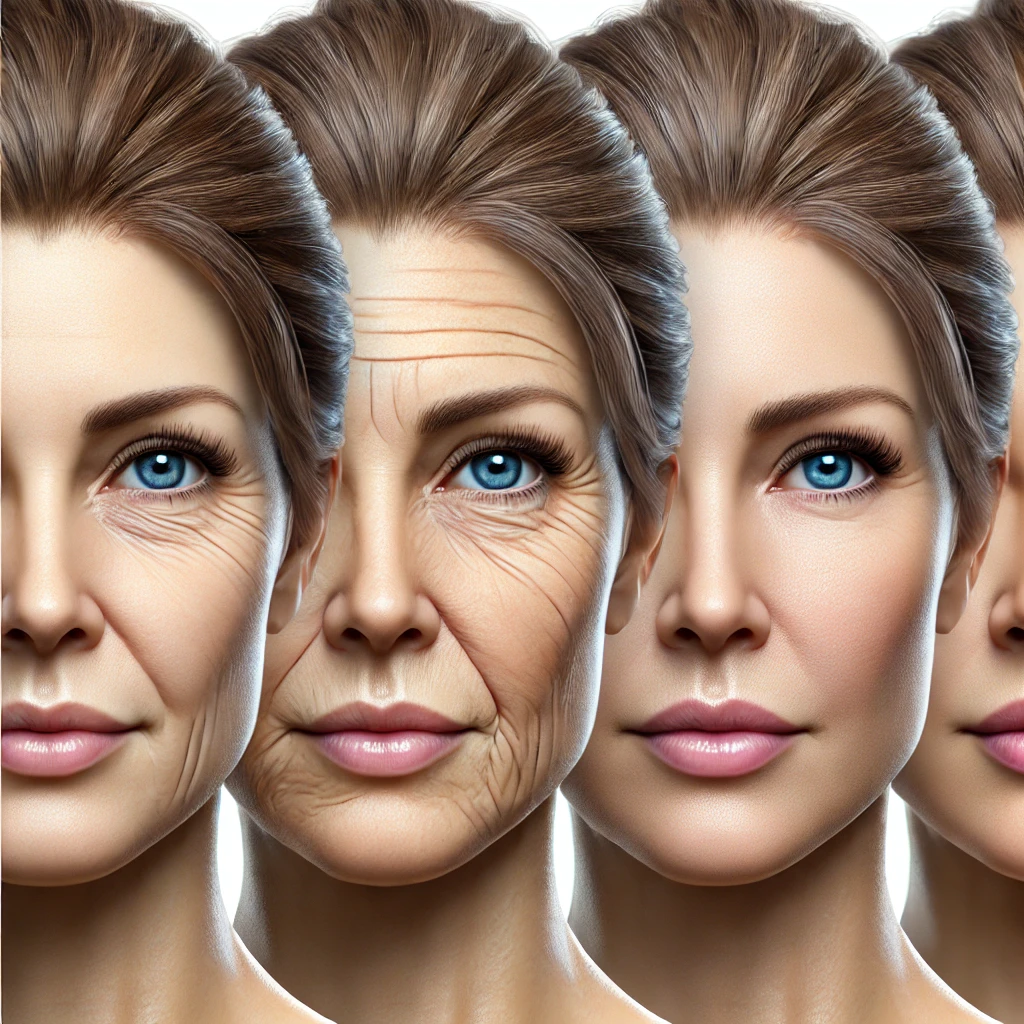 A realistic progression of a woman’s face aging from 30 to 50, showing subtle changes in skin texture, fine lines, and volume loss.