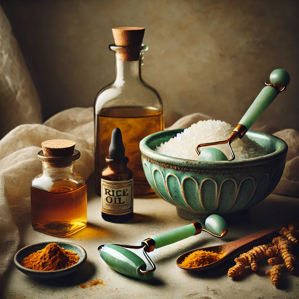 A collection of ancient skincare ingredients, including a jade roller, rice water, honey, olive oil, and turmeric paste, displayed in a softly lit vintage setting.