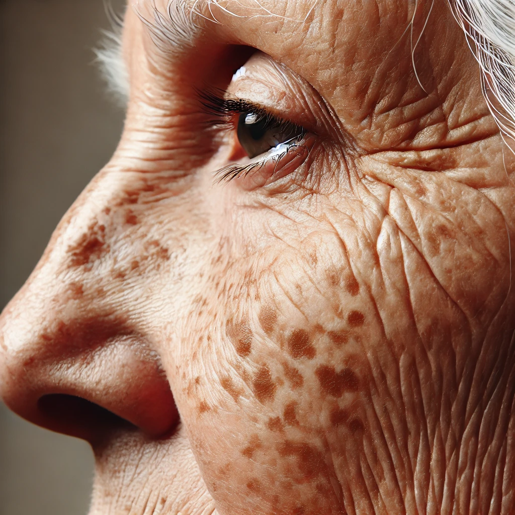 Close-up image of age spots on an elderly person's face.