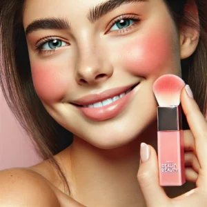 Young person holding Rare Beauty blush next to glowing cheeks, confident expression.