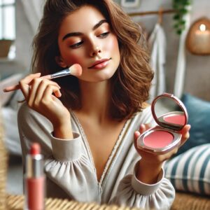 A woman applying Soft Pinch Liquid Blush with fingers in front of a mirror.