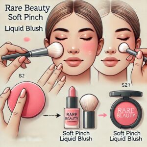 Step-by-step blending of Rare Beauty blush using hands, brush, and sponge.