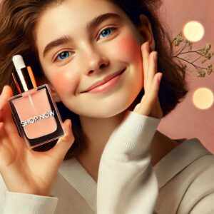 Close-up of a young woman holding Rare Beauty Soft Pinch Liquid Blush, smiling warmly.
