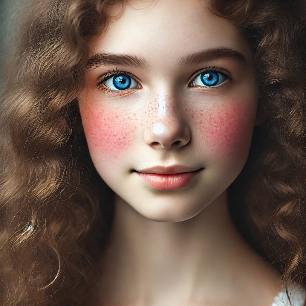 Close-up of a young woman with acne and textured skin, looking confident.