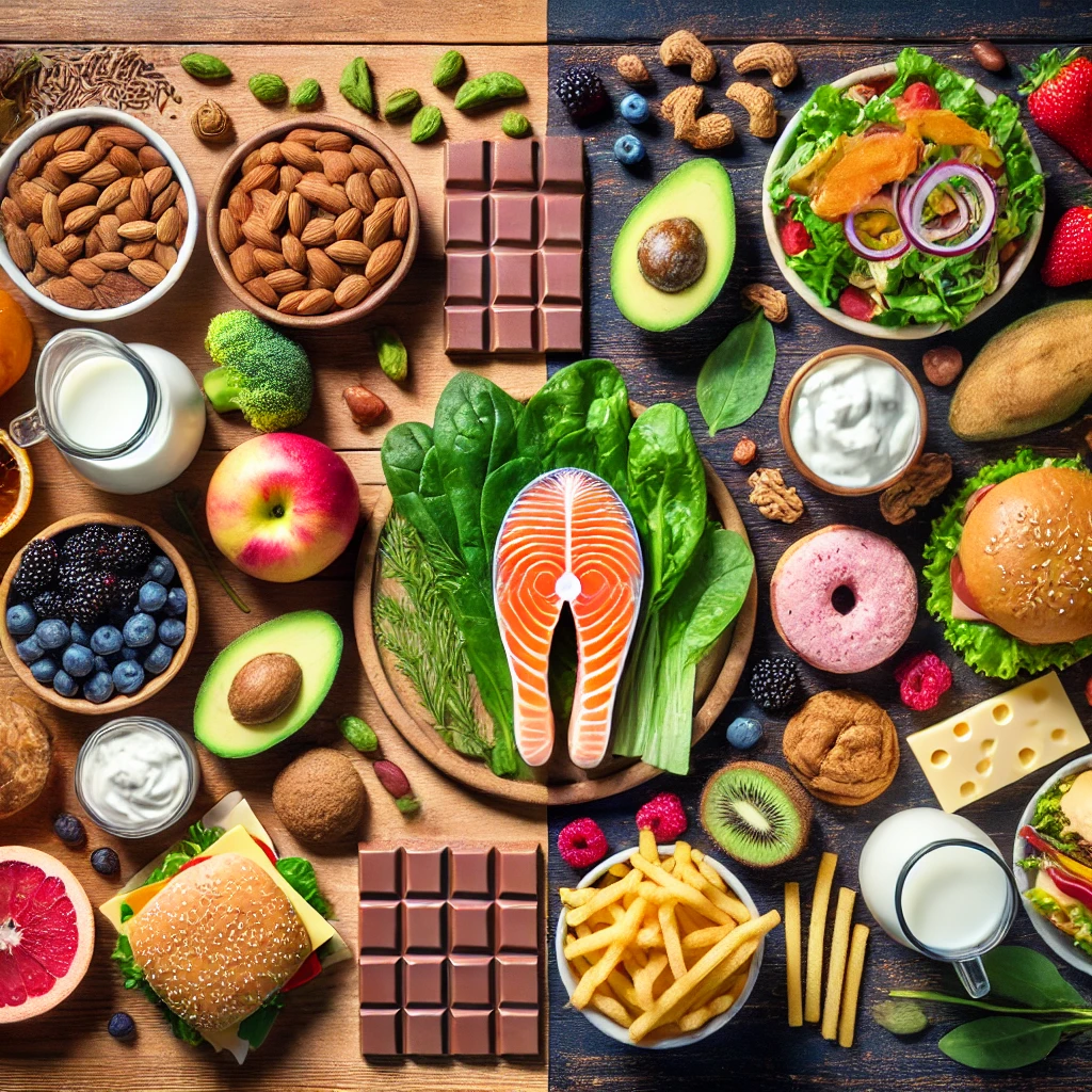 A top-down view of healthy, skin-friendly foods like salmon, leafy greens, nuts, and berries on one side, and acne-triggering foods like sugary snacks, fast food, and dairy on the other, visually illustrating the impact of diet on acne breakouts.