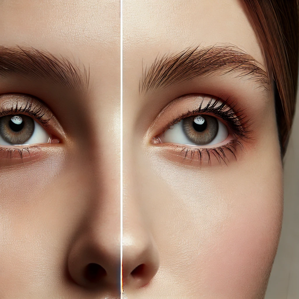 Close-up of a person’s face showing one side with dark circles and the other side looking refreshed.