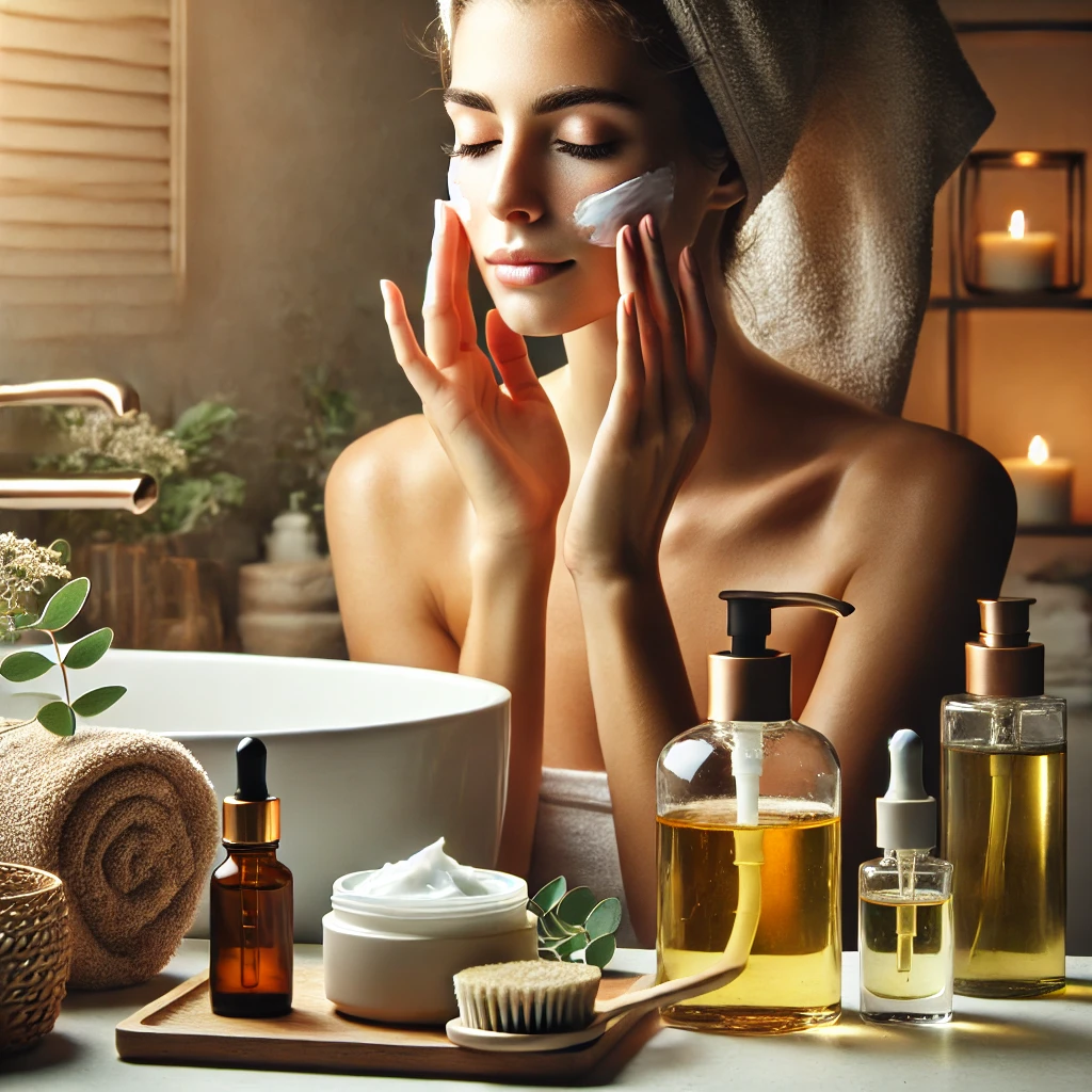 A woman gently massaging cleansing oil onto her face as part of the 4-2-4 skincare routine, surrounded by natural skincare products in a spa-like setting.