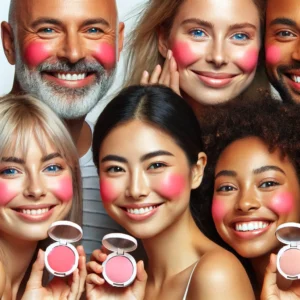 A diverse group of people with various skin tones showing cheeks with blush applied.