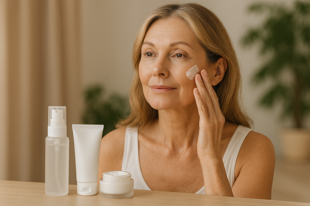 A middle-aged woman gently applies anti-aging cream to her face, with skincare products arranged in the foreground.