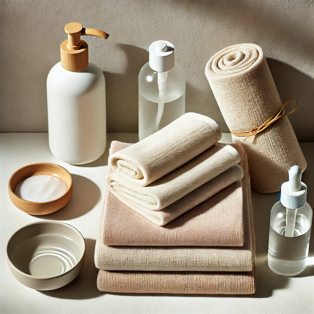 A set of soft, reusable makeup towels in neutral tones, neatly folded beside a skincare bottle and a small bowl of water.