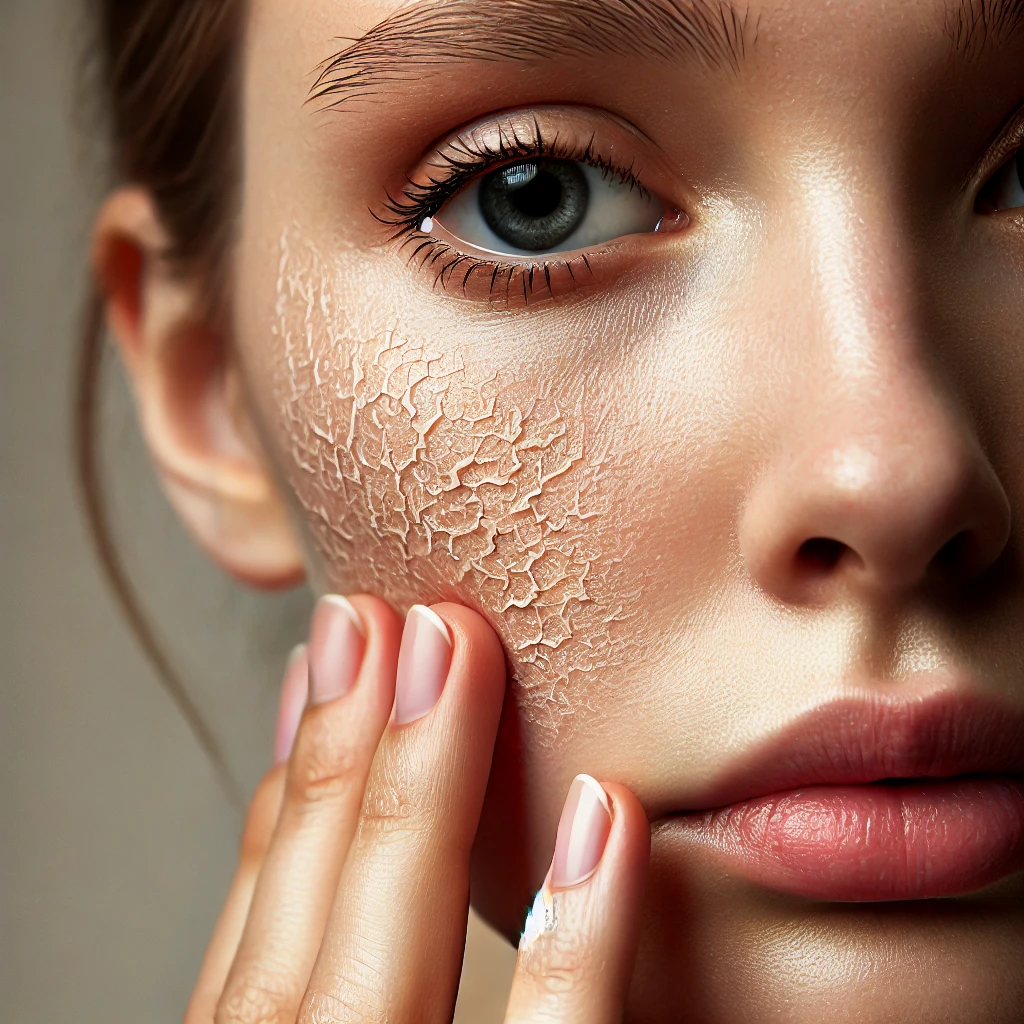 Close-up of a woman’s face with dry, flaky skin on her cheek and forehead, touching her skin with concern.