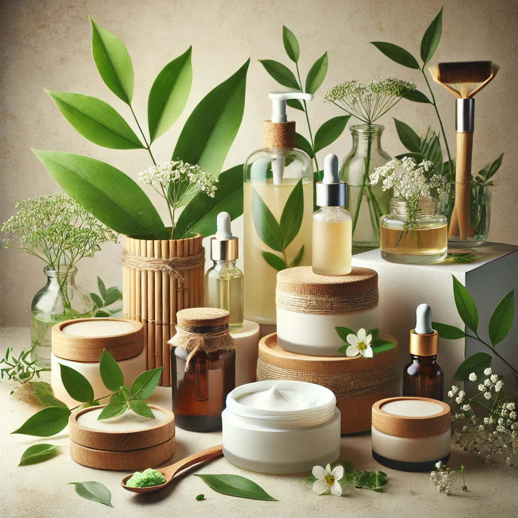 Eco skincare Sustainable skincare products in glass jars and bamboo containers surrounded by fresh green leaves and herbal extracts.