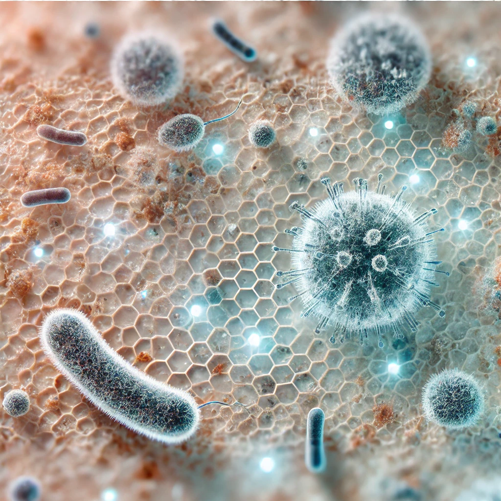 Close-up illustration of human skin with an overlay of microbiome bacteria, showing good and bad microorganisms.