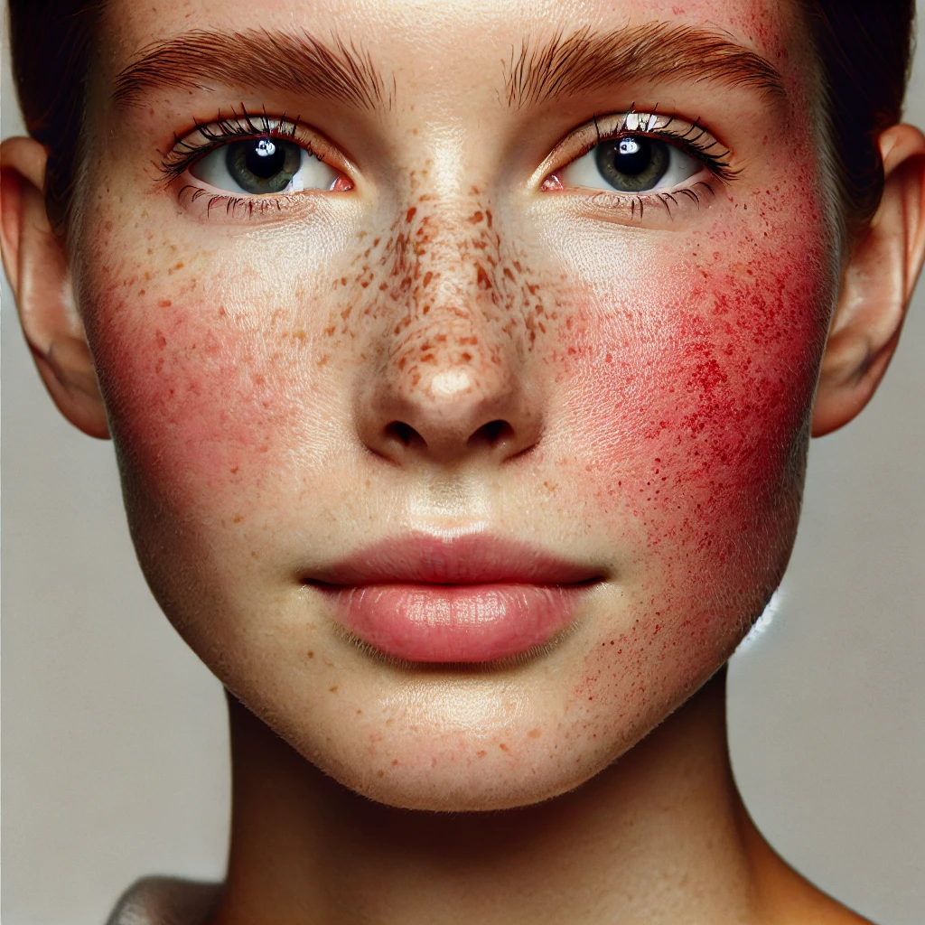 A realistic close-up of a person with blotchy skin, showing redness and uneven skin tone on the cheeks and forehead.