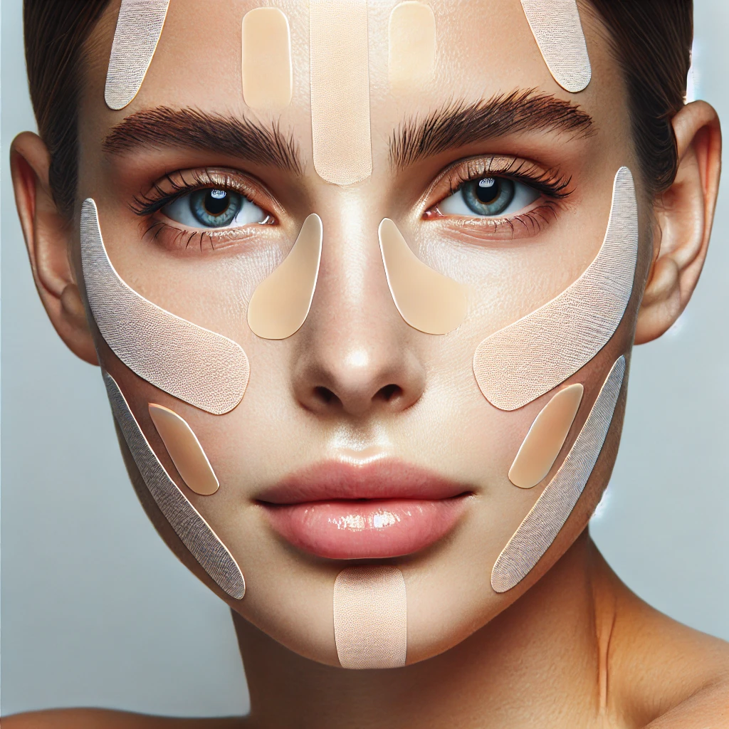 Woman with face taping for wrinkle reduction, using skin-safe adhesive tape as a non-invasive anti-aging technique.