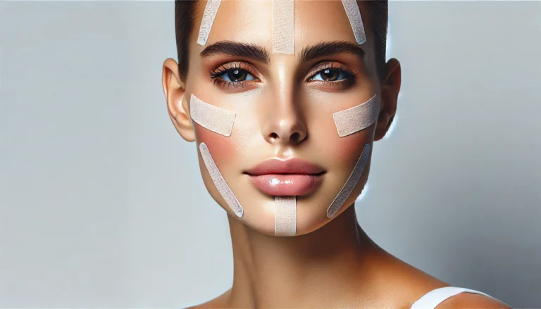 Woman with face taping for wrinkle reduction, using skin-safe adhesive tape as a non-invasive anti-aging technique.