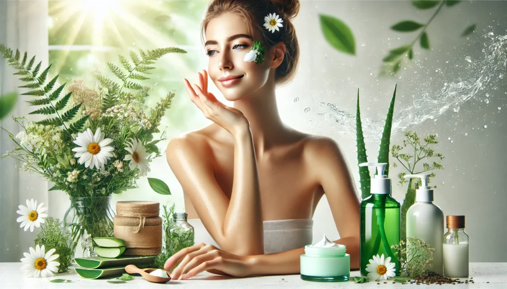 A woman with radiant skin applying a non-toxic moisturizer, surrounded by eco-friendly skincare products and natural botanicals.