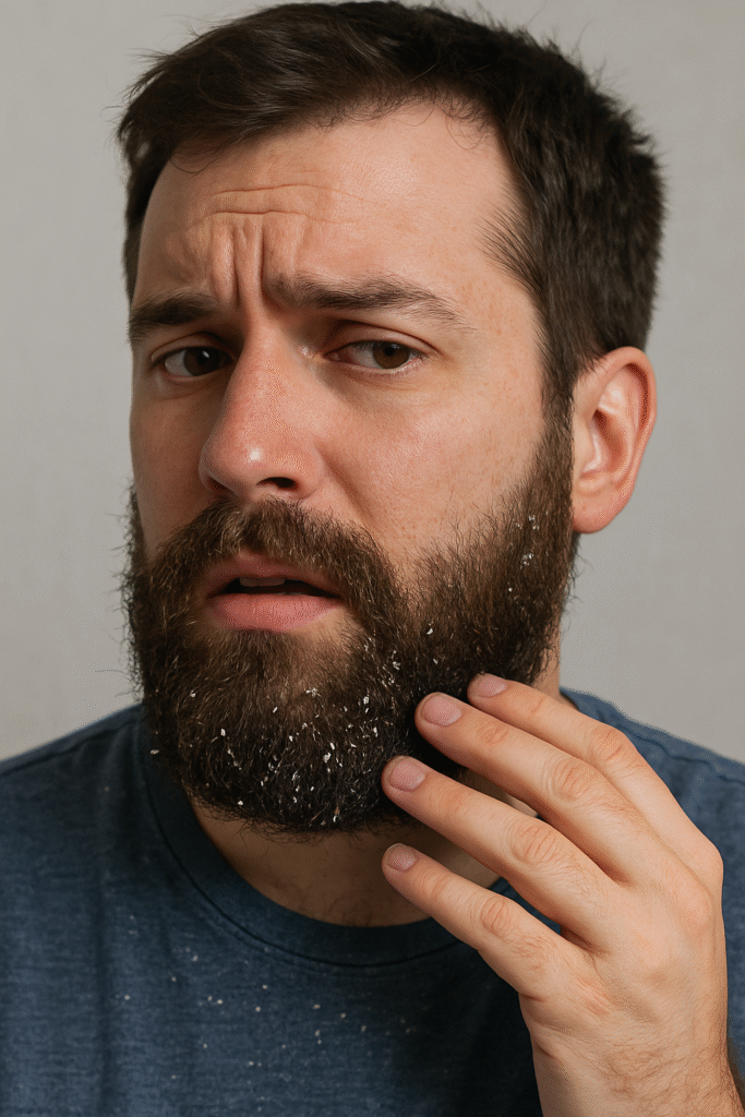 Close-up of beard dandruff with visible flakes in facial hair.