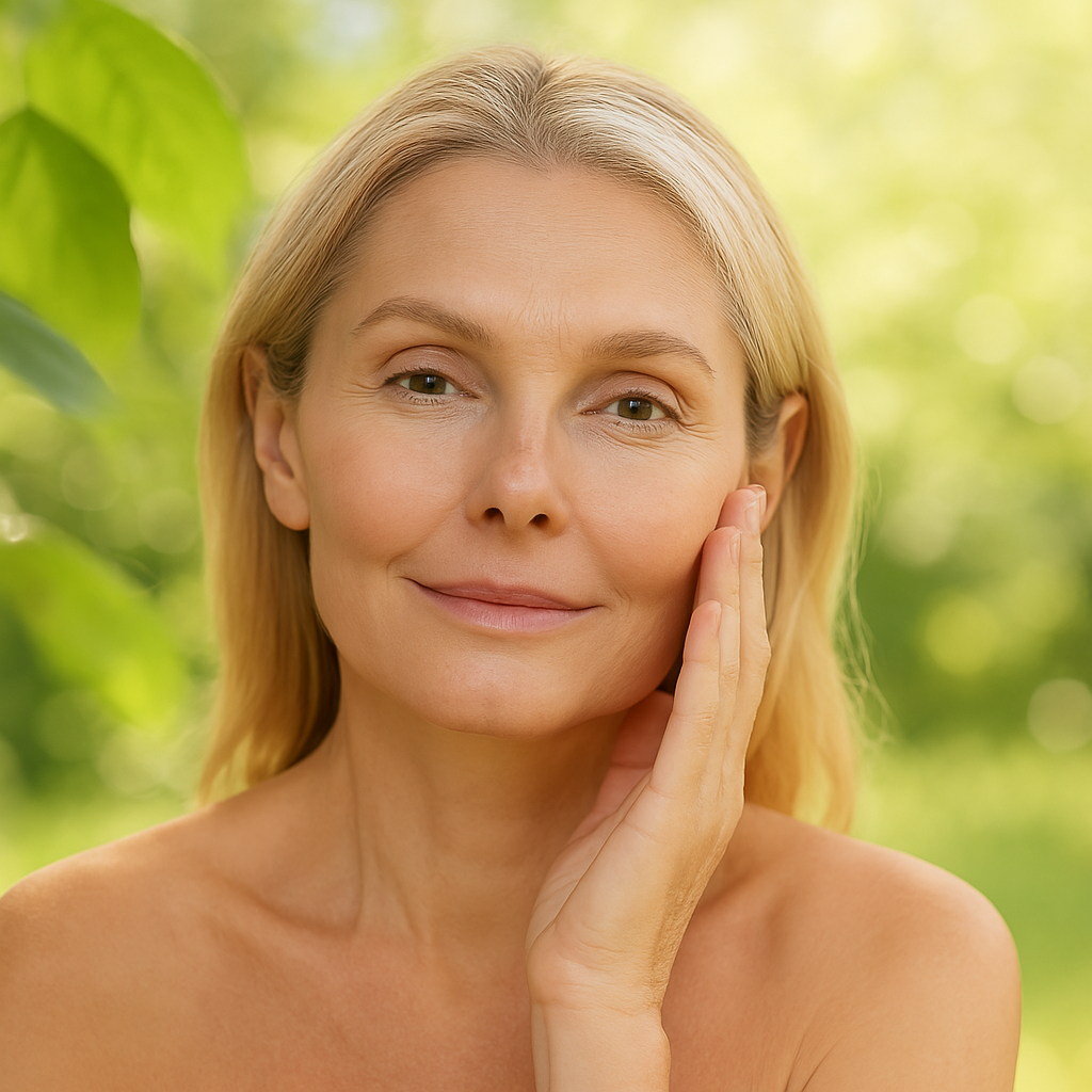 Woman with firm skin in a natural setting representing skin elasticity and aging