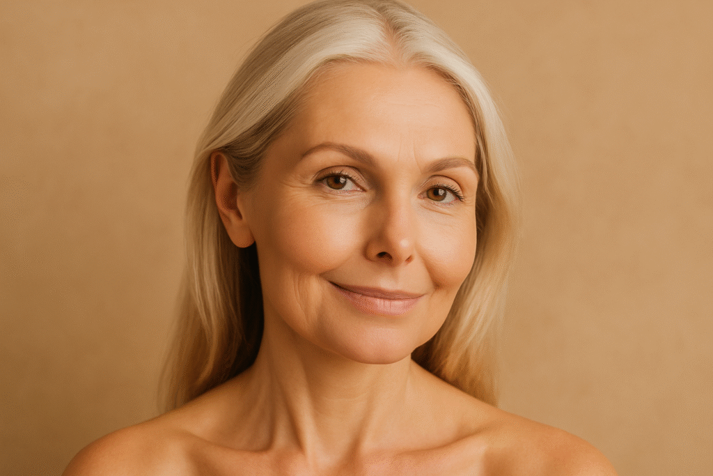Middle-aged woman with glowing skin and serene expression