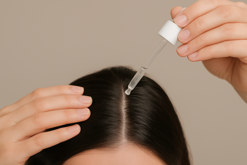 Woman applying scalp serum to promote scalp care and healthy hair growth